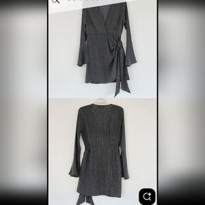 Storia Mini Wrap Shirt Dress Black with White Stripes, size Large